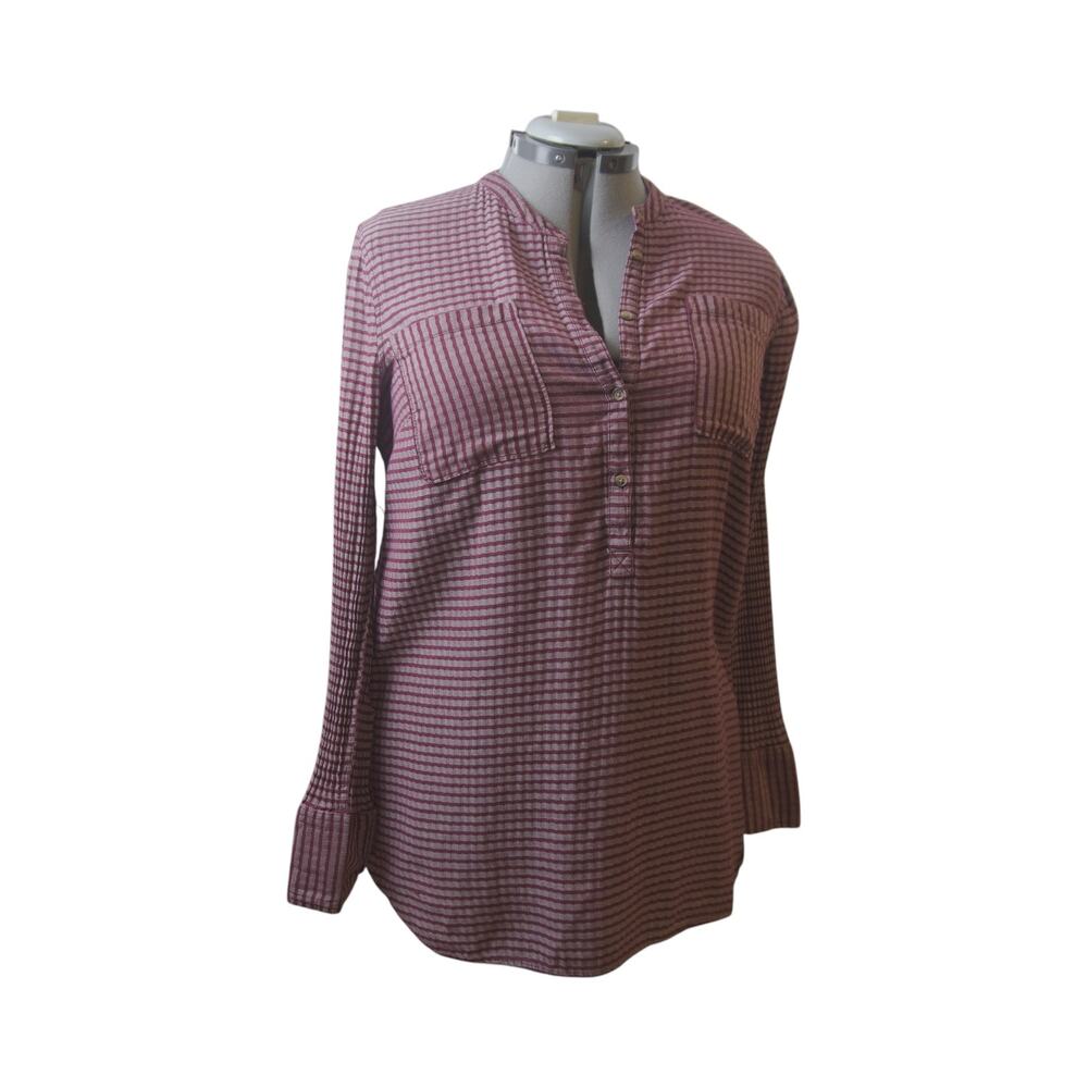 Merona Burgundy Pink Striped Cotton Tunic XL Chest Pockets Long Sleeve
